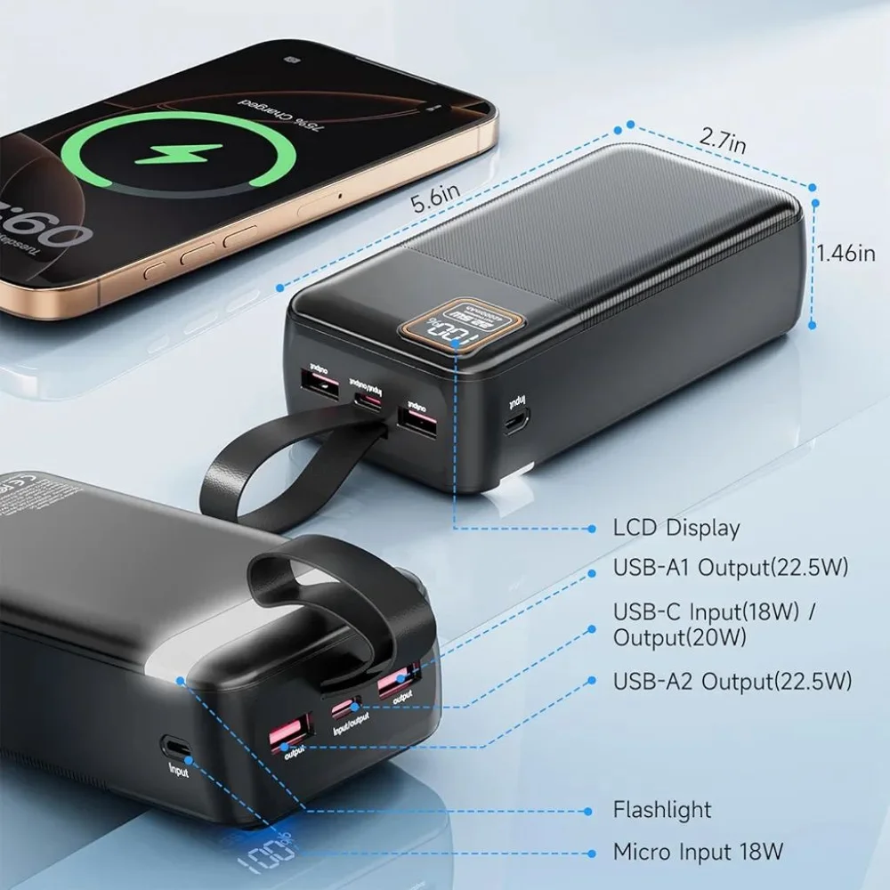 EnergyQC 42000mAh Portable Charger, 22.5W Power Bank with LED Flashlight - USB C